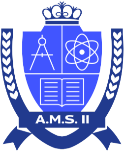Blue and white academic crest with symbols of a geometric compass, an atom, and an open book. Beneath, "A.M.S. II" is inscribed on a ribbon. A crown tops the crest, flanked by laurel branches.