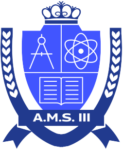 A blue and white emblem with symbols for mathematics, science, and a book, labeled "A.M.S. III" at the bottom.