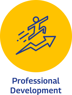 Icon of a person leaping over an upward arrow on a yellow circle, with the text "Professional Development" below.