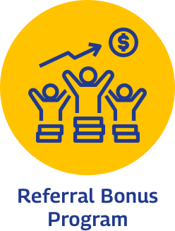 Yellow circle with three stylized figures below a dollar sign and upward arrow. Text reads "Referral Bonus Program.