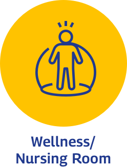 Icon of a person standing with lines indicating relaxation in a circle, symbolizing a Wellness/Nursing Room on a yellow background.