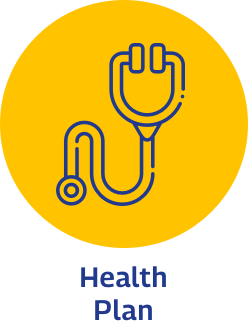 Icon of a blue stethoscope on a yellow circle background with the words "Health Plan" below.