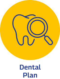 Icon of a tooth with a magnifying glass on a yellow background, labeled "Dental Plan.