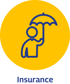 Icon of a person holding an umbrella inside a yellow circle, representing insurance protection.
