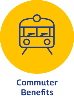 Icon of a train inside a yellow circle with the text "Commuter Benefits" below.