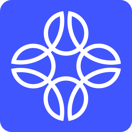 A white geometric pattern of overlapping circles on a blue background.