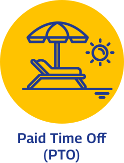 Icon of a beach chair and umbrella under the sun, labeled "Paid Time Off (PTO)" on a yellow circle.