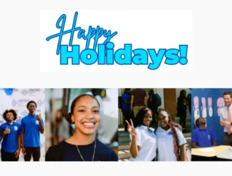 Collage featuring "Happy Holidays!" text, a portrait of a smiling person, and groups of people celebrating and interacting.