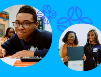 A student writes at a desk. In another image, two people smile while holding a certificate. Both images are on a blue background with decorative elements.