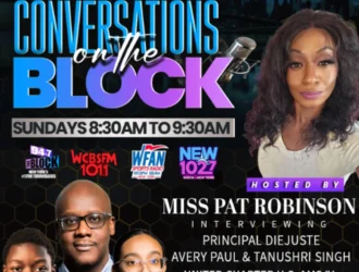 Promotional graphic for "Conversations on the Block" show, featuring Miss Pat Robinson and guests. Airs Sundays, 8:30-9:30 AM, with images of the host and guests against a city backdrop.