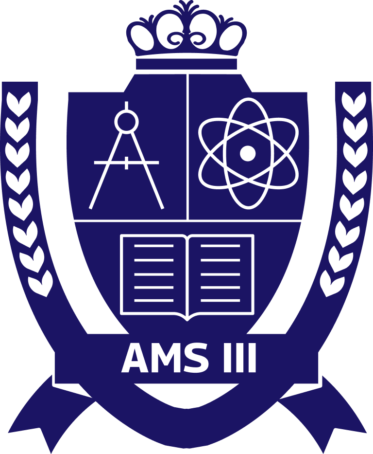 A blue and white crest with a compass, atom symbol, open book, and "AMS III" text, surrounded by laurel branches and a crown at the top.
