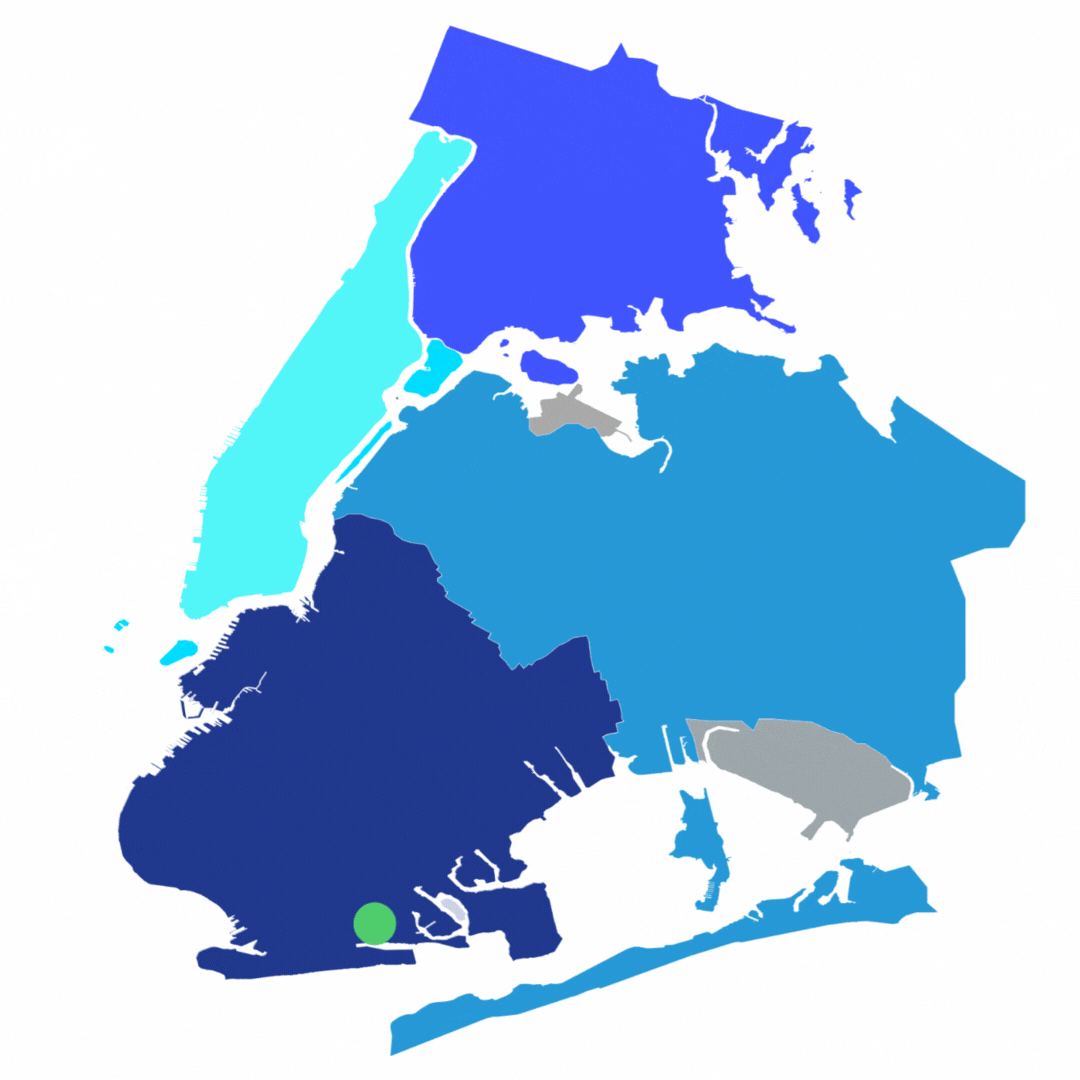 Stylized map of New York City’s five boroughs, each in a different shade of blue, with a green dot on the southern part of Brooklyn.