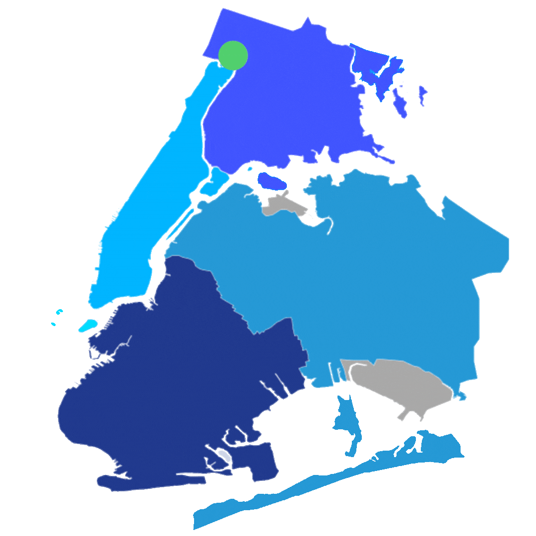 A simplified, color-coded map of New York City's five boroughs with a green dot in the northern area of Manhattan.