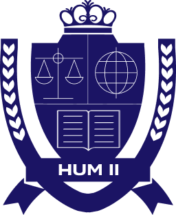 A blue shield emblem with a crown, scales, globe, open book, and laurel branches, labeled "HUM II" at the bottom.