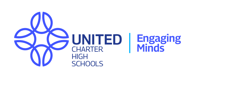 United Charter High Schools logo with a blue geometric symbol and the text "UNITED CHARTER HIGH SCHOOLS | Engaging Minds" on a white background.