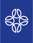 A white geometric design of four interlocking curved shapes forming a symmetrical pattern on a solid blue background.