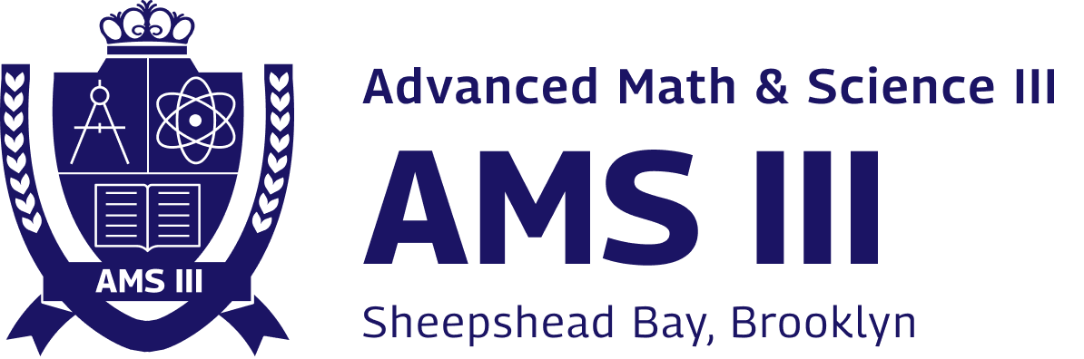Logo for Advanced Math & Science III (AMS III) showing a shield with symbols for math, science, and books, and text indicating Sheepshead Bay, Brooklyn.
