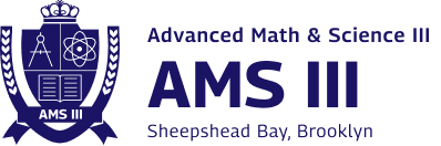 Logo for Advanced Math & Science III, featuring a shield with math and science symbols, and text reading "AMS III, Sheepshead Bay, Brooklyn.